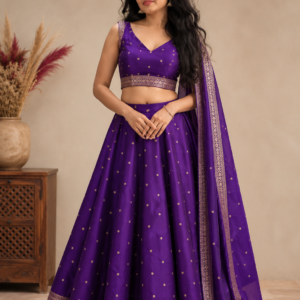 Royal Purple Banarasi Silk Lehenga Set with Gold Zari Butti & Dupatta