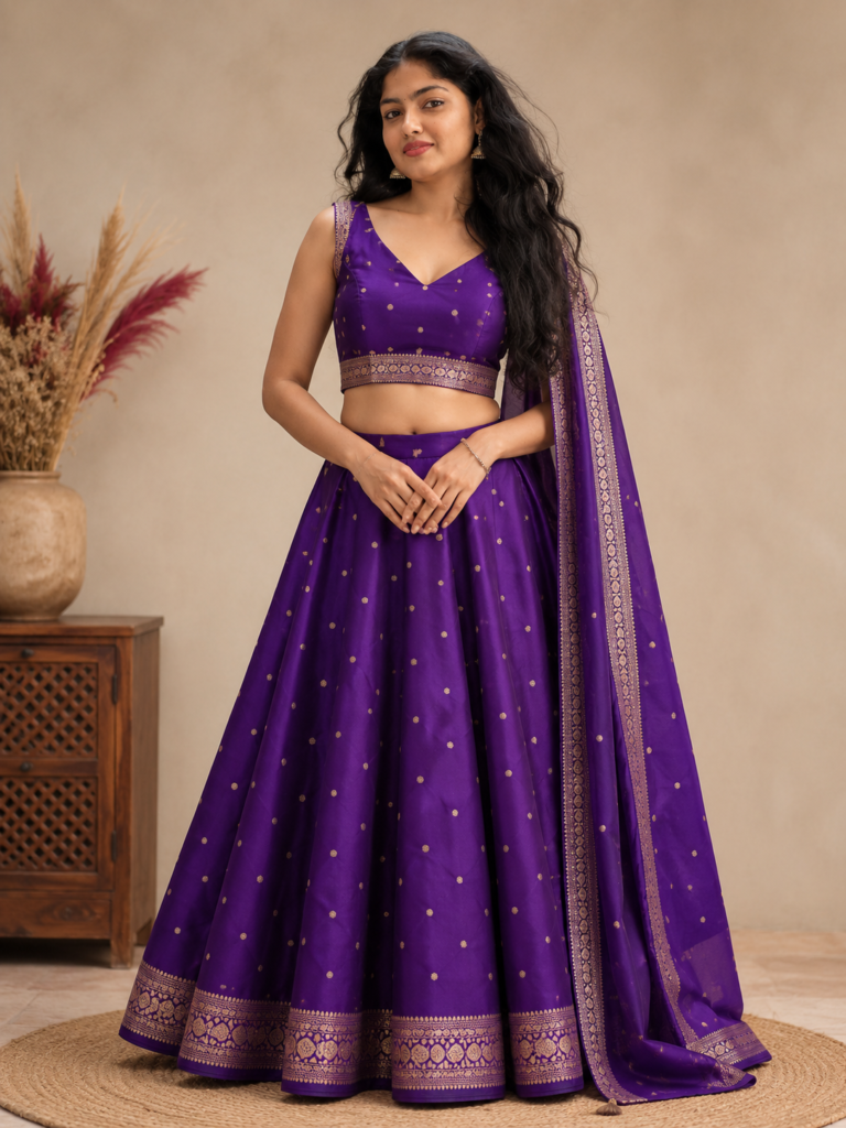 Royal Purple Banarasi Silk Lehenga Set with Gold Zari Butti & Dupatta
